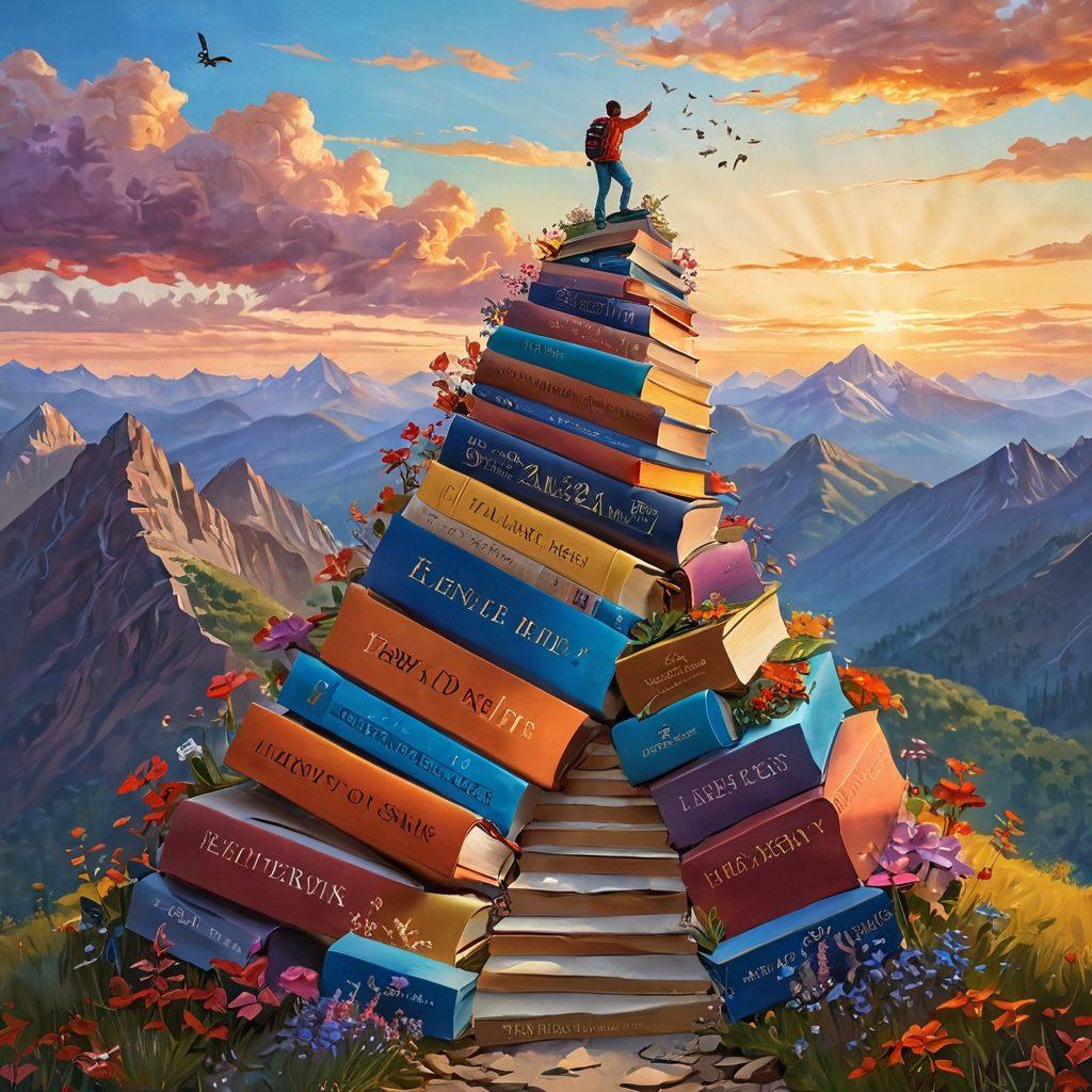 An inspiring scene depicting a figure climbing a mountain made of colorful books, with vibrant peaks representing achievement and joy at the summit. Below, a winding path symbolizes the journey, teeming with elements of pleasure like flowers and butterflies. The sky above is painted in warm hues of sunrise, suggesting hope and new beginnings. super-realistic. vibrant colors. dynamic composition.