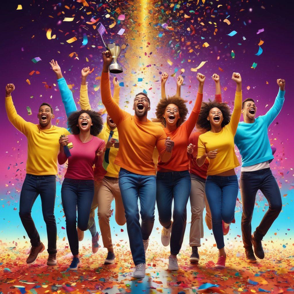 A dynamic scene illustrating a diverse group of individuals celebrating their victories, with joyful expressions and colorful confetti flying in the air. In the background, a glowing trophy symbolizing achievement and mastery, along with vibrant graphics of books and motivational quotes. Emphasize energy, positivity, and teamwork. super-realistic. vibrant colors. 3D.