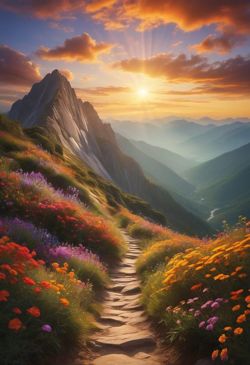 A serene mountain landscape bathed in golden sunlight, symbolizing the journey of self-empowerment. A winding path leads up the mountain, lined with colorful flowers representing growth and happiness. A silhouette of a person triumphantly reaching the peak, arms raised in victory. Soft, ethereal clouds float around the mountaintop, suggesting peace and contentment. super-realistic. vibrant colors. peaceful atmosphere.